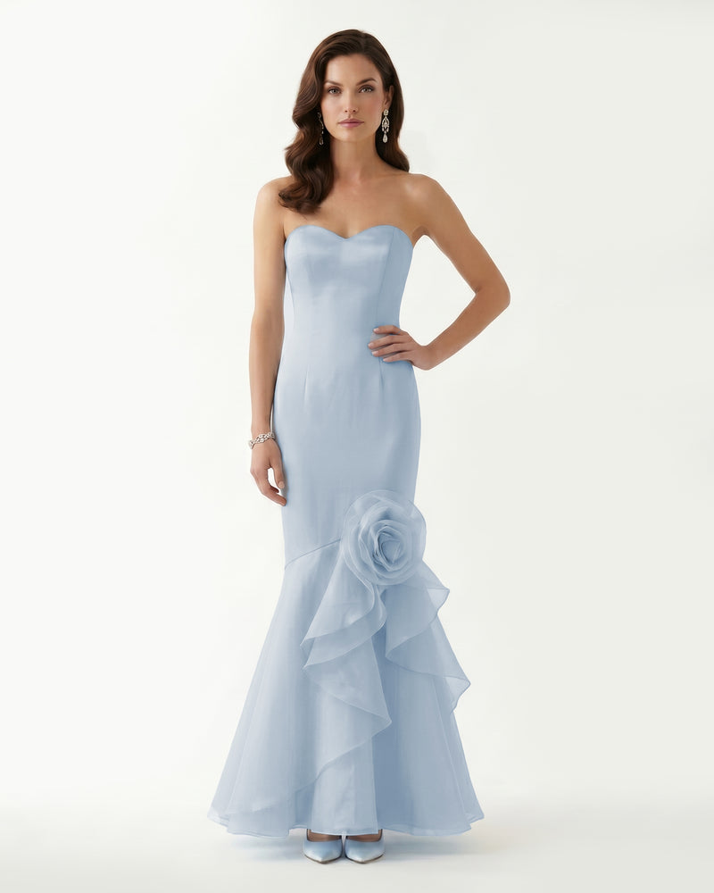 Strapless Mermaid Rosette Ruffle Maxi Dress - Light Blue