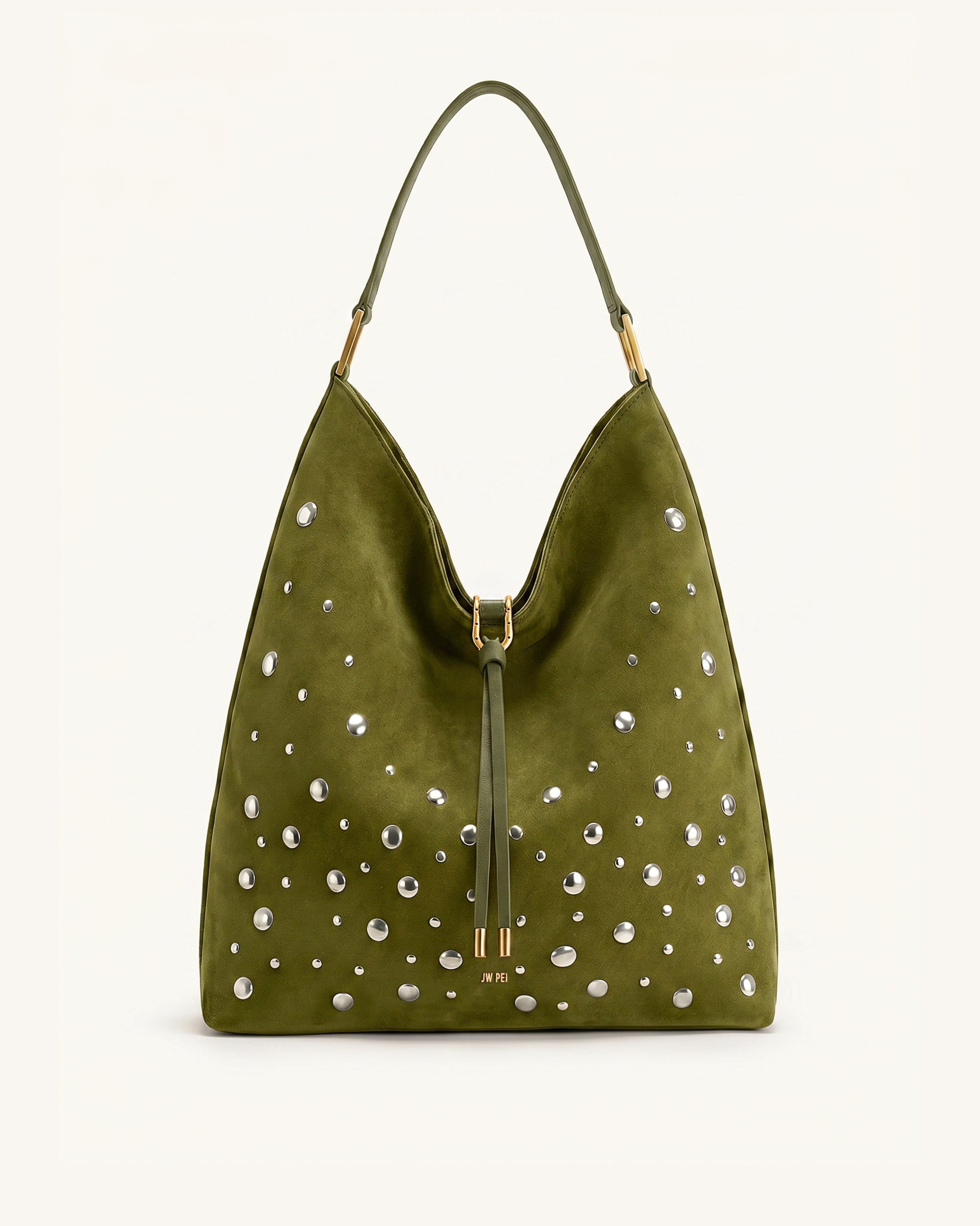 Aria Faux Suede Studded Shoulder Bag - Dark Olive Green