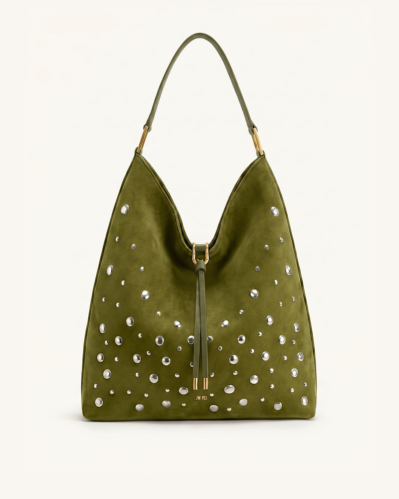 Aria Faux Suede Studded Shoulder Bag - Dark Olive Green