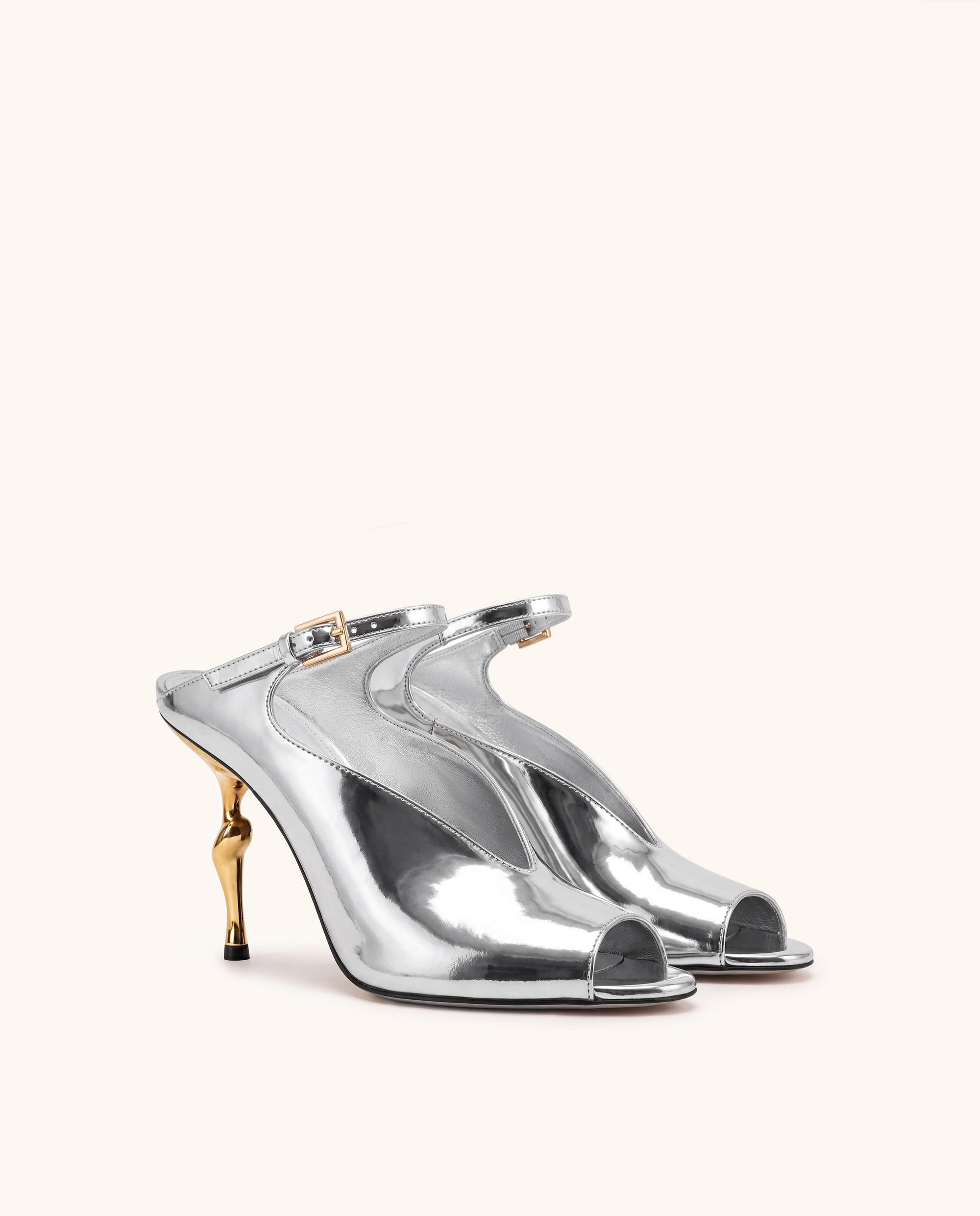 Alivia Gold Metal Peep-Toe Heels - Silver