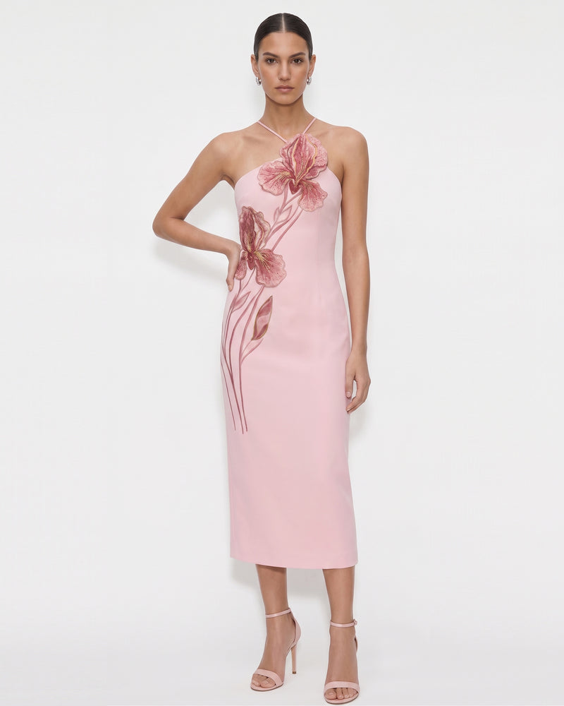 Iris Embroidered Halter Midi Dress - Light Pink