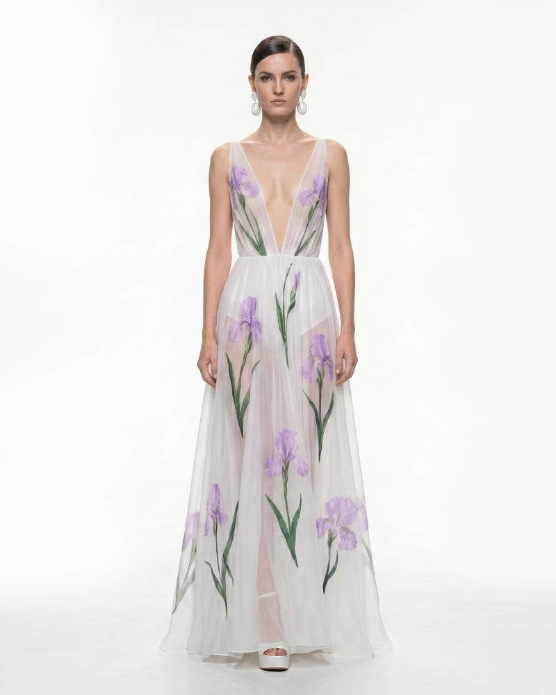 Sheer Floral Print Maxi Dress - White