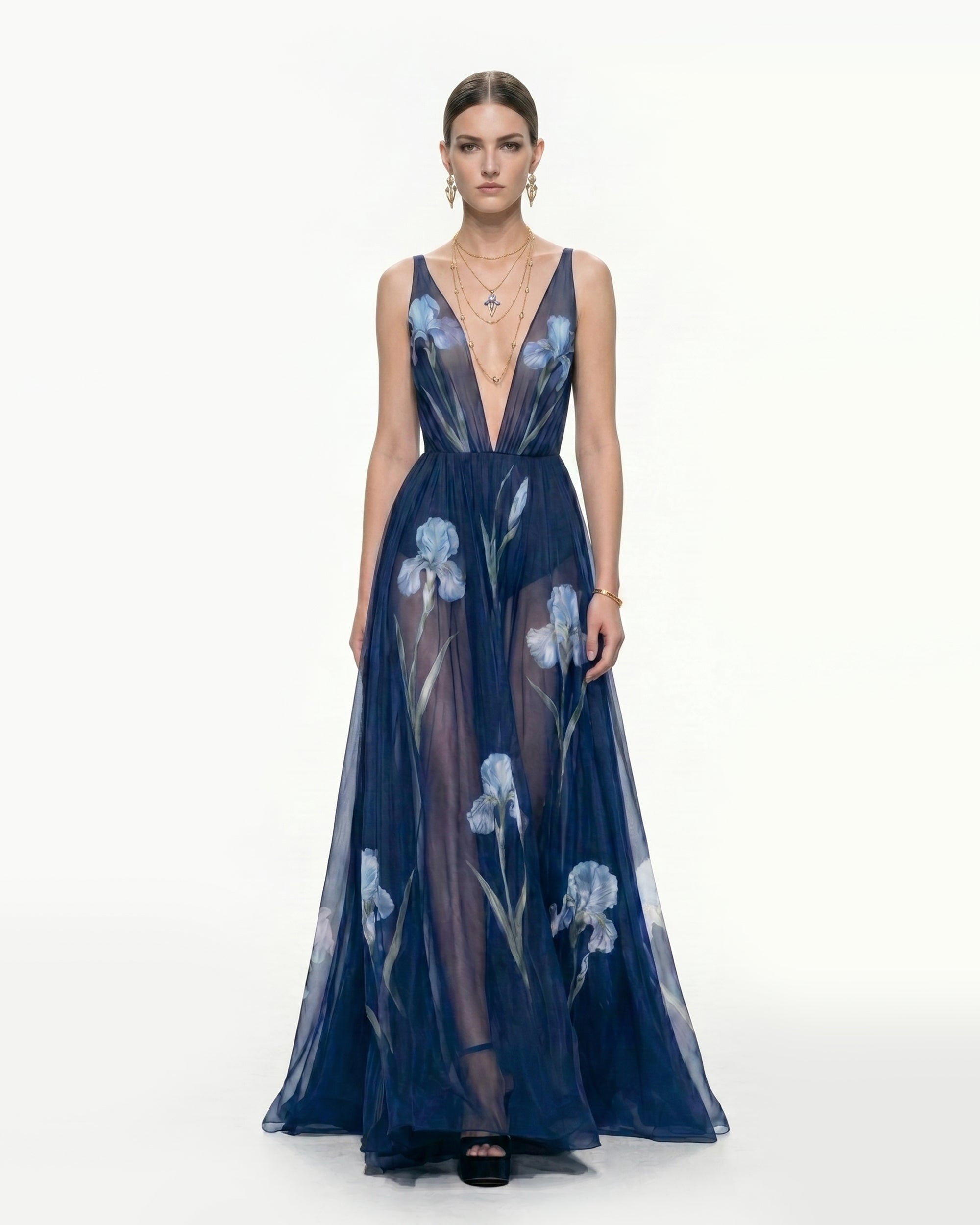 Sheer Floral Print Maxi Dress - Dark Navy
