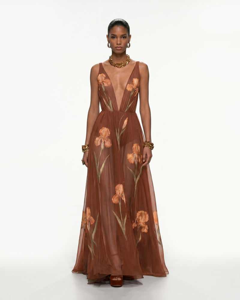 Sheer Floral Print Maxi Dress - Caramel Brown