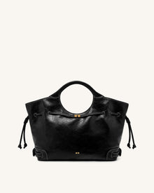 Virelle Waxed Vegan Leather Drawstring Tote Bag - Black