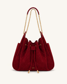 Rowan Faux Suede Quilted Chain Bucket Bag - Dark Red