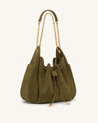Rowan Faux Suede Quilted Chain Bucket Bag - Olive Green