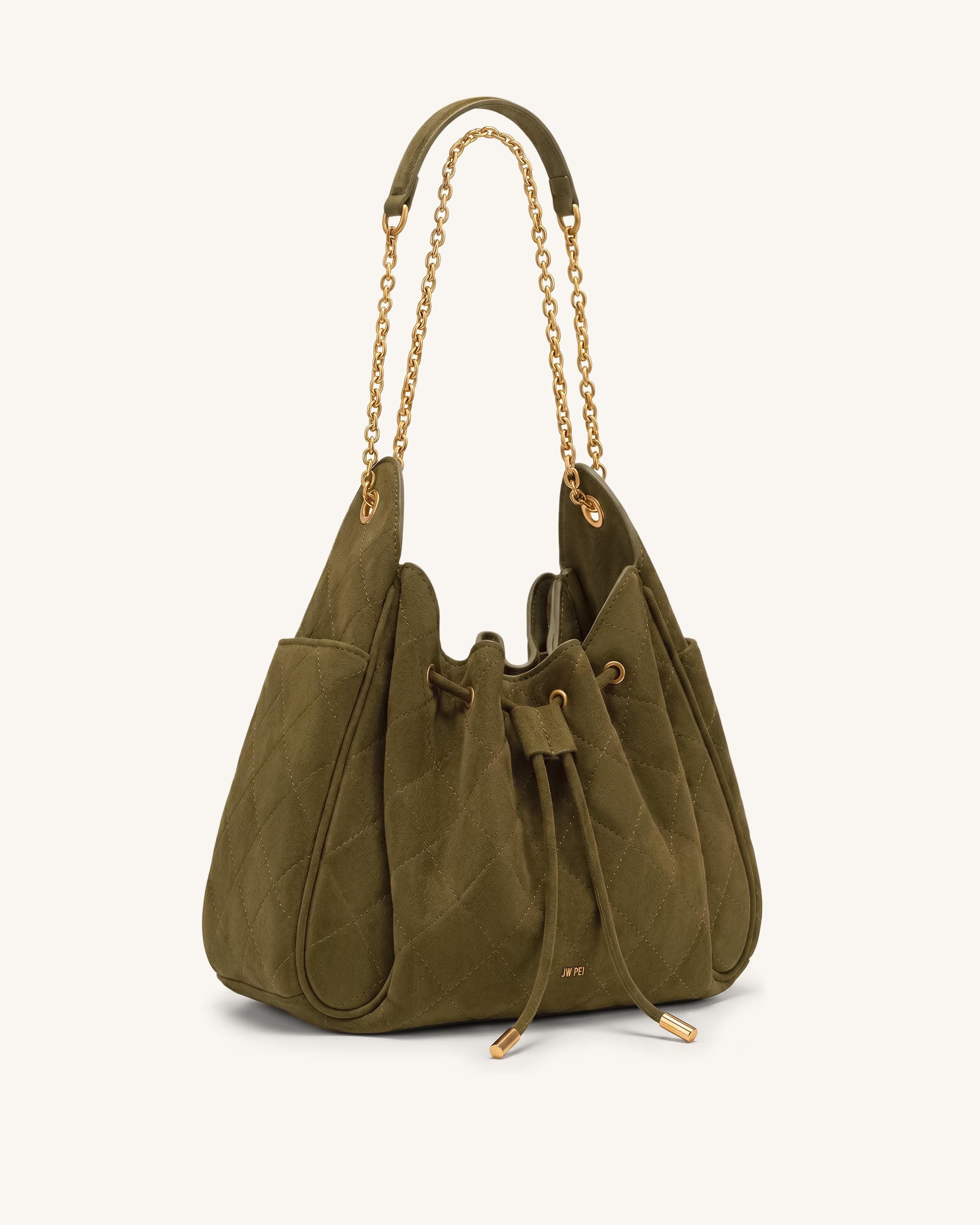 Rowan Faux Suede Quilted Chain Bucket Bag - Olive Green