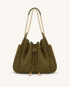 Rowan Faux Suede Quilted Chain Bucket Bag - Olive Green