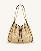 Rowan Faux Straw Ruched Drawstring Chain Bucket Bag - Brown