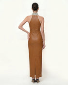 Jeweled High Neck Halter Maxi Dress - Caramel Brown