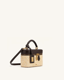 Cleo Faux Straw Box Shape Top Handle Bag - Brown