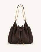 Rowan Faux Suede Quilted Chain Bucket Bag - Dark Brown