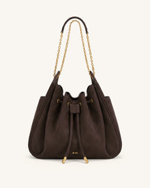 Rowan Faux Suede Quilted Chain Bucket Bag - Dark Brown