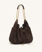 Rowan Faux Suede Quilted Chain Bucket Bag - Dark Brown