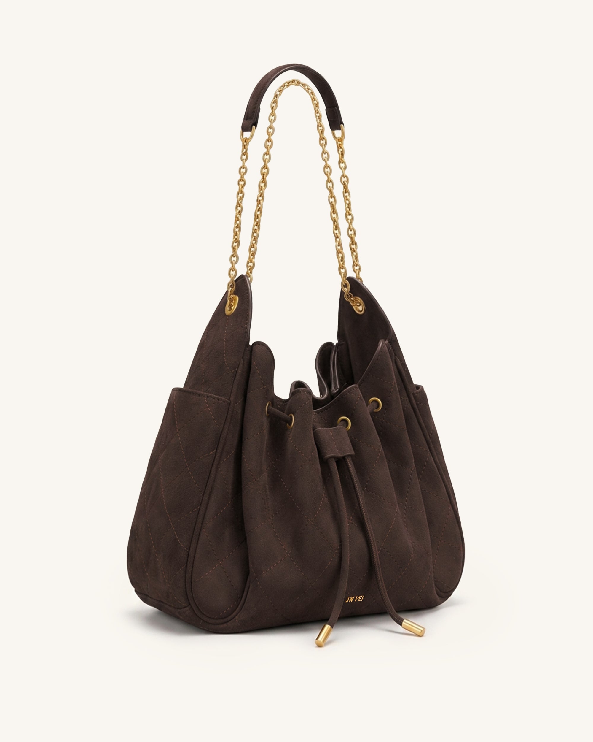 Rowan Faux Suede Quilted Chain Bucket Bag - Dark Brown