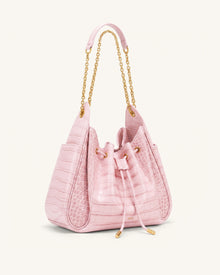 Rowan Ruched Drawstring Chain Bucket Bag - Pink Croc