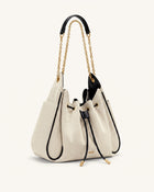 Rowan Ruched Drawstring Chain Bucket Bag - Black Canvas
