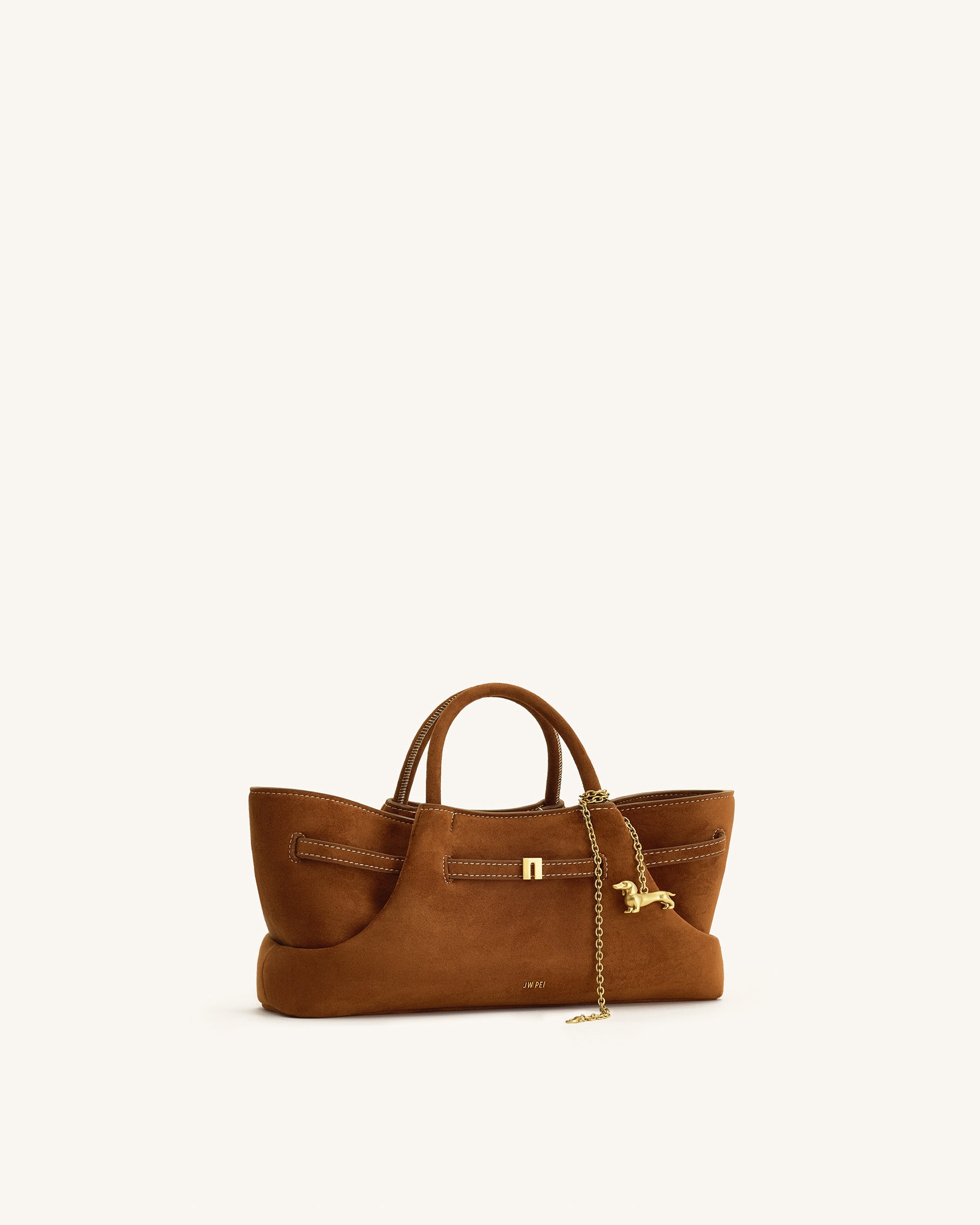 Maeve Dachshund Metal Charm Faux Suede Tote Bag - Brown