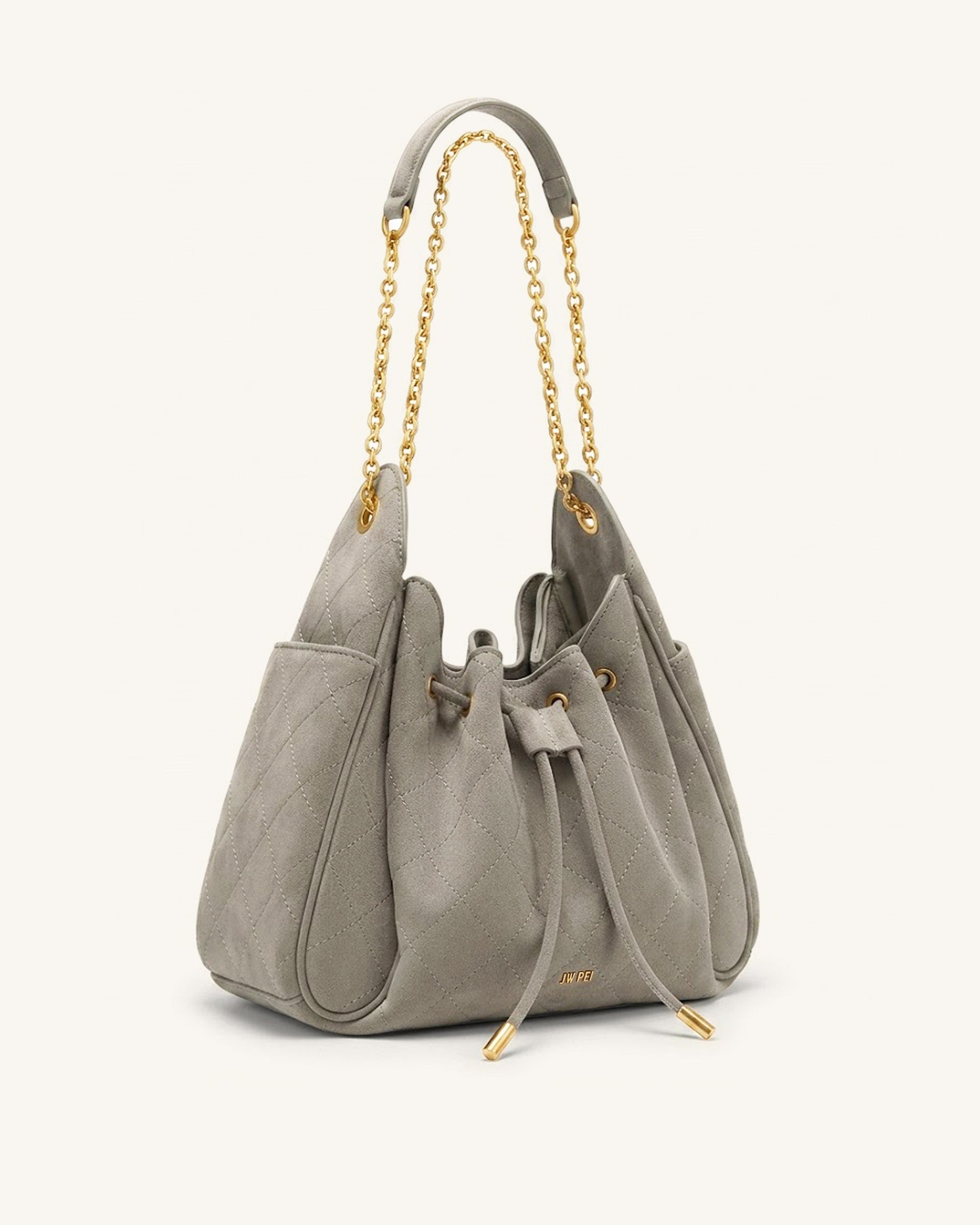 Rowan Faux Suede Quilted Chain Bucket Bag - Gray