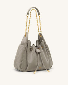 Rowan Faux Suede Quilted Chain Bucket Bag - Gray