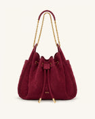 Rowan Faux Suede Weaving Ruched Drawstring Chain Bucket Bag - Dark Cherry