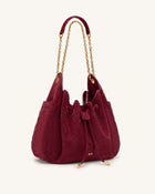 Rowan Faux Suede Weaving Ruched Drawstring Chain Bucket Bag - Dark Cherry