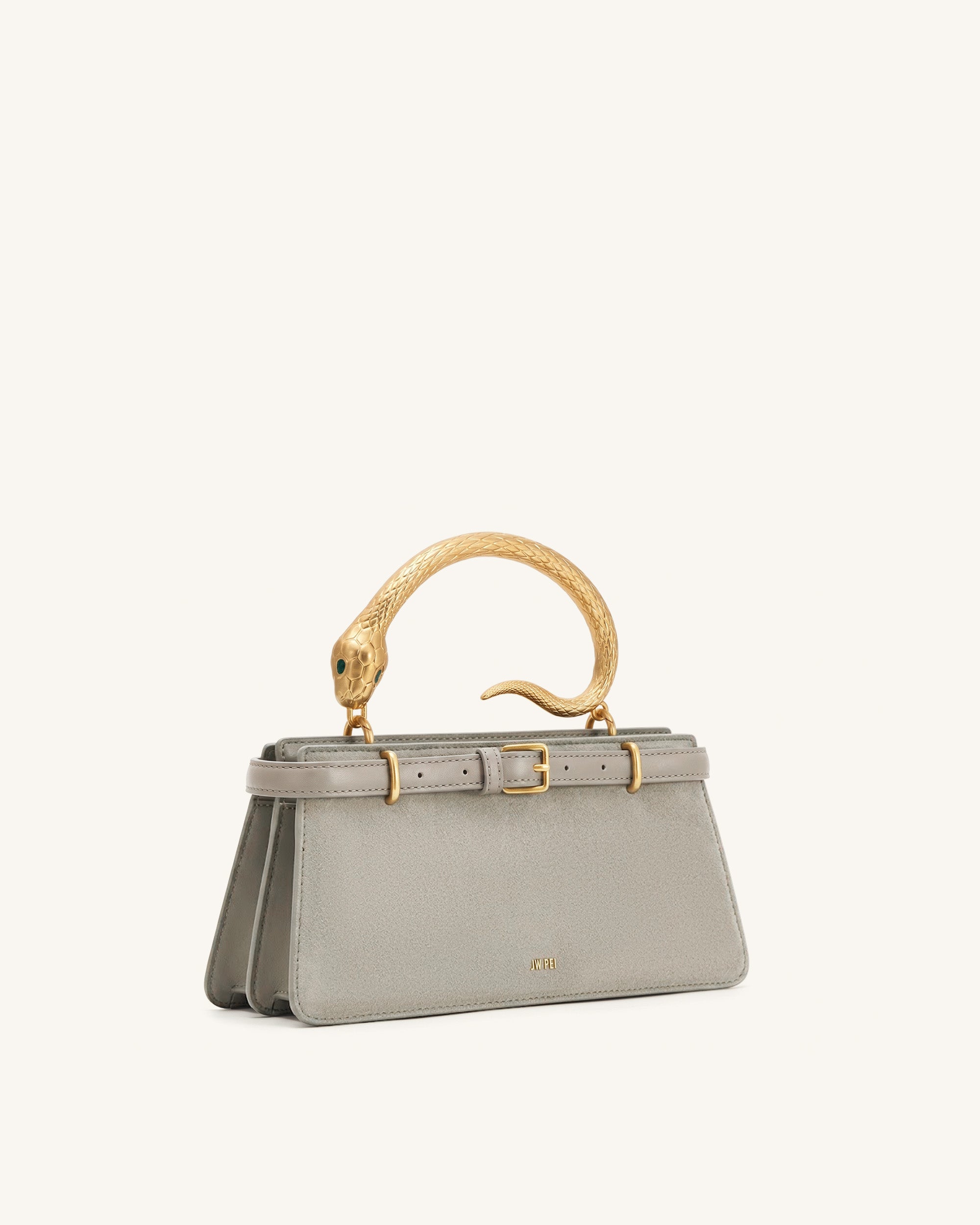 Elena Snake Handle Faux Suede Top Handle Bag - Taupe