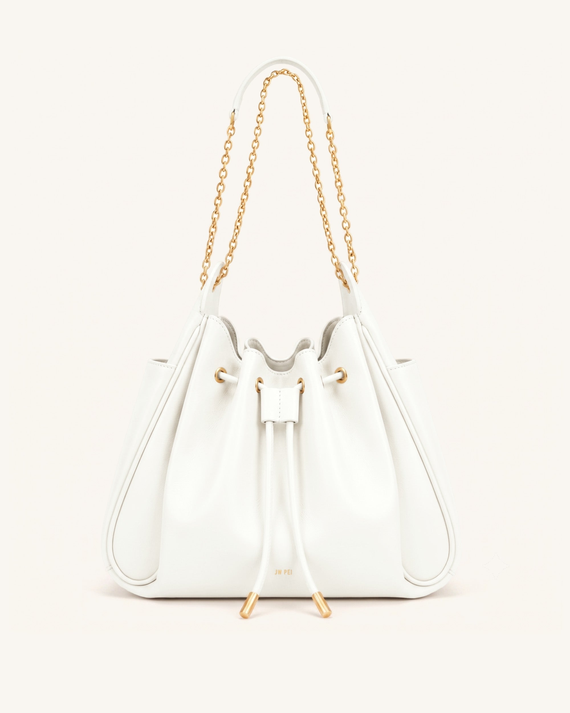 Rowan Ruched Drawstring Chain Bucket Bag - Ivory