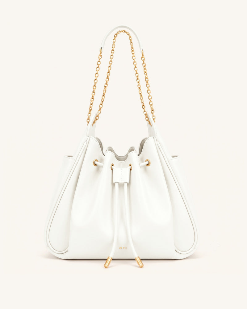 Rowan Ruched Drawstring Chain Bucket Bag - Ivory