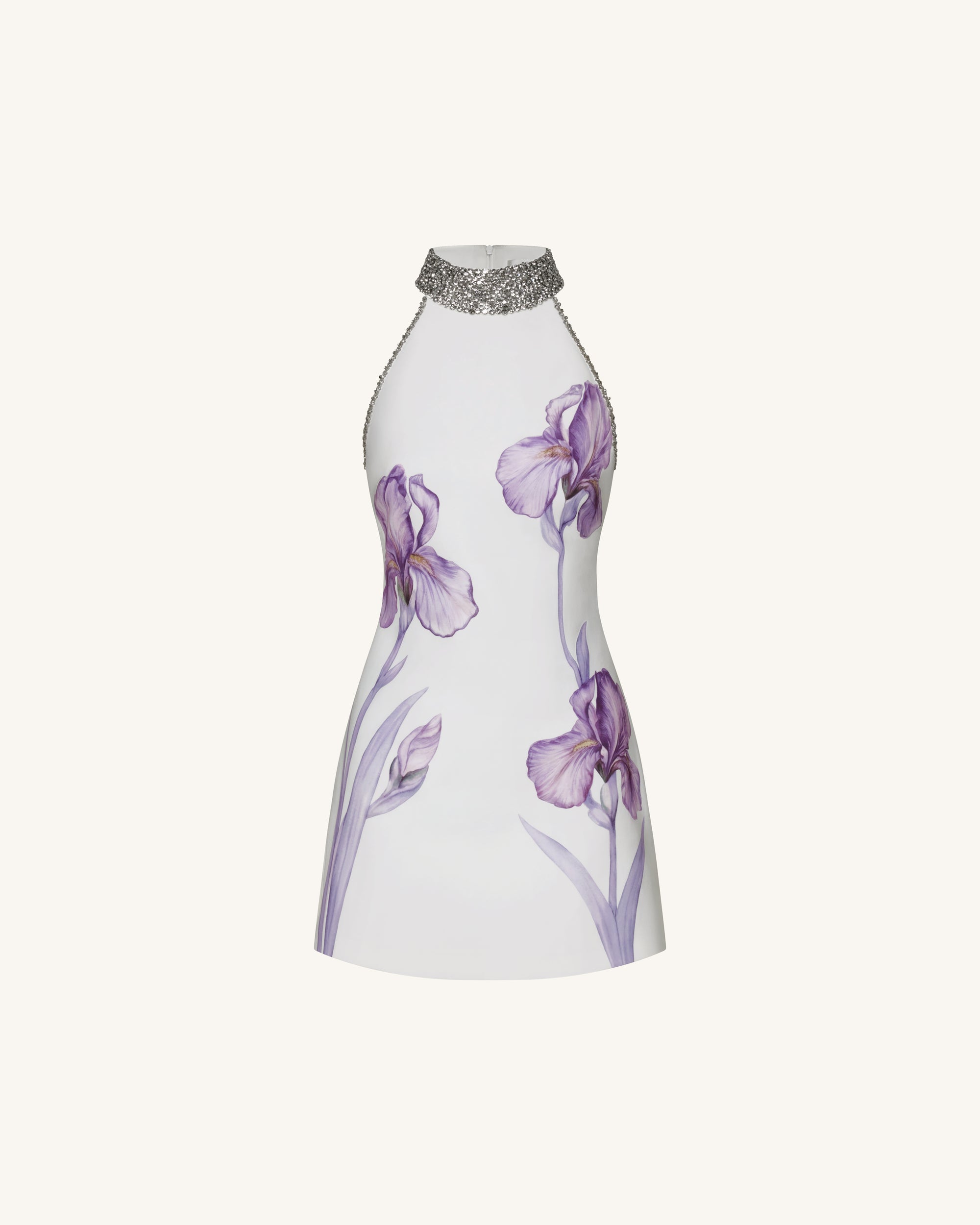 Jeweled Halter Iris Motif Dress - White