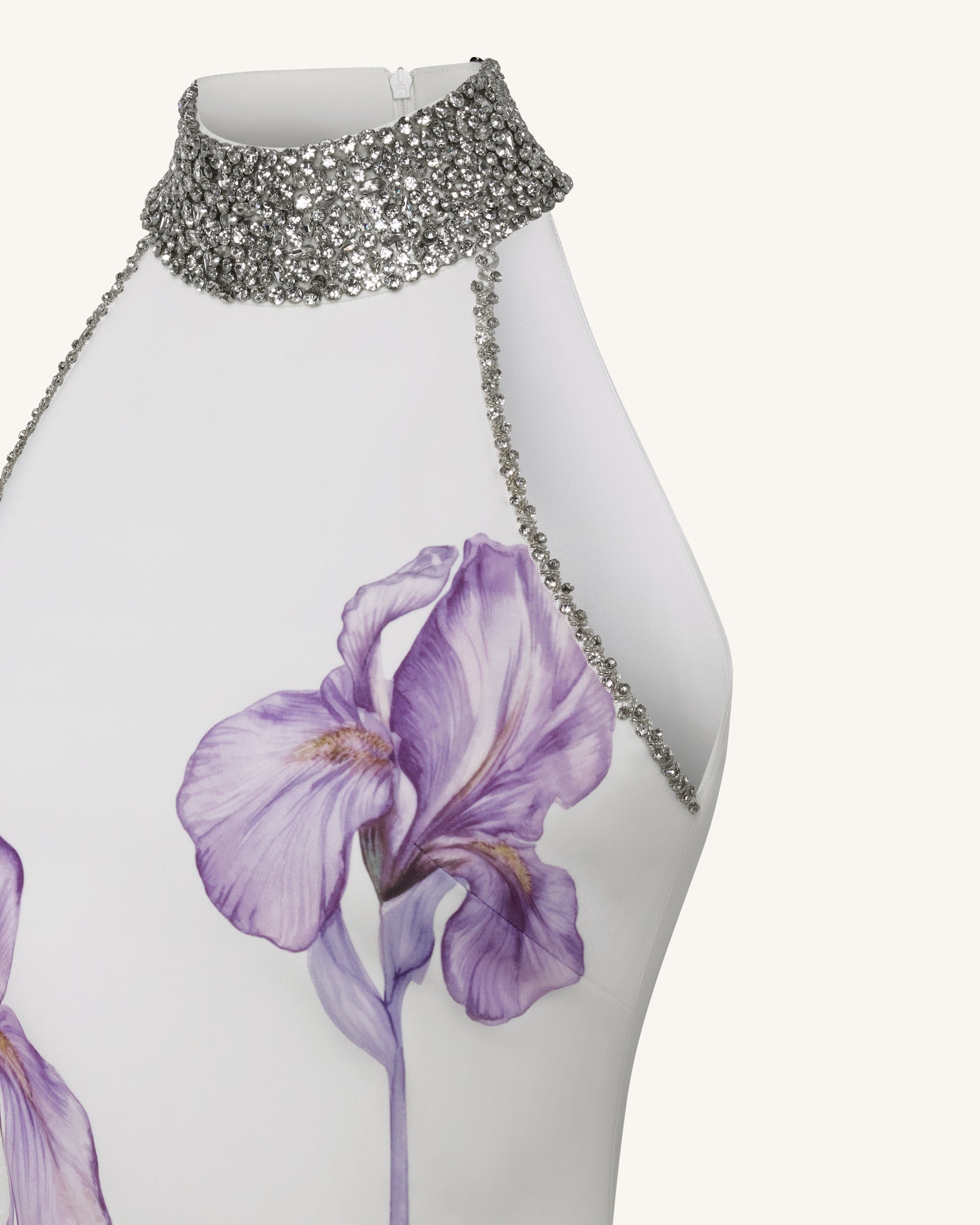Jeweled Halter Iris Motif Dress - White