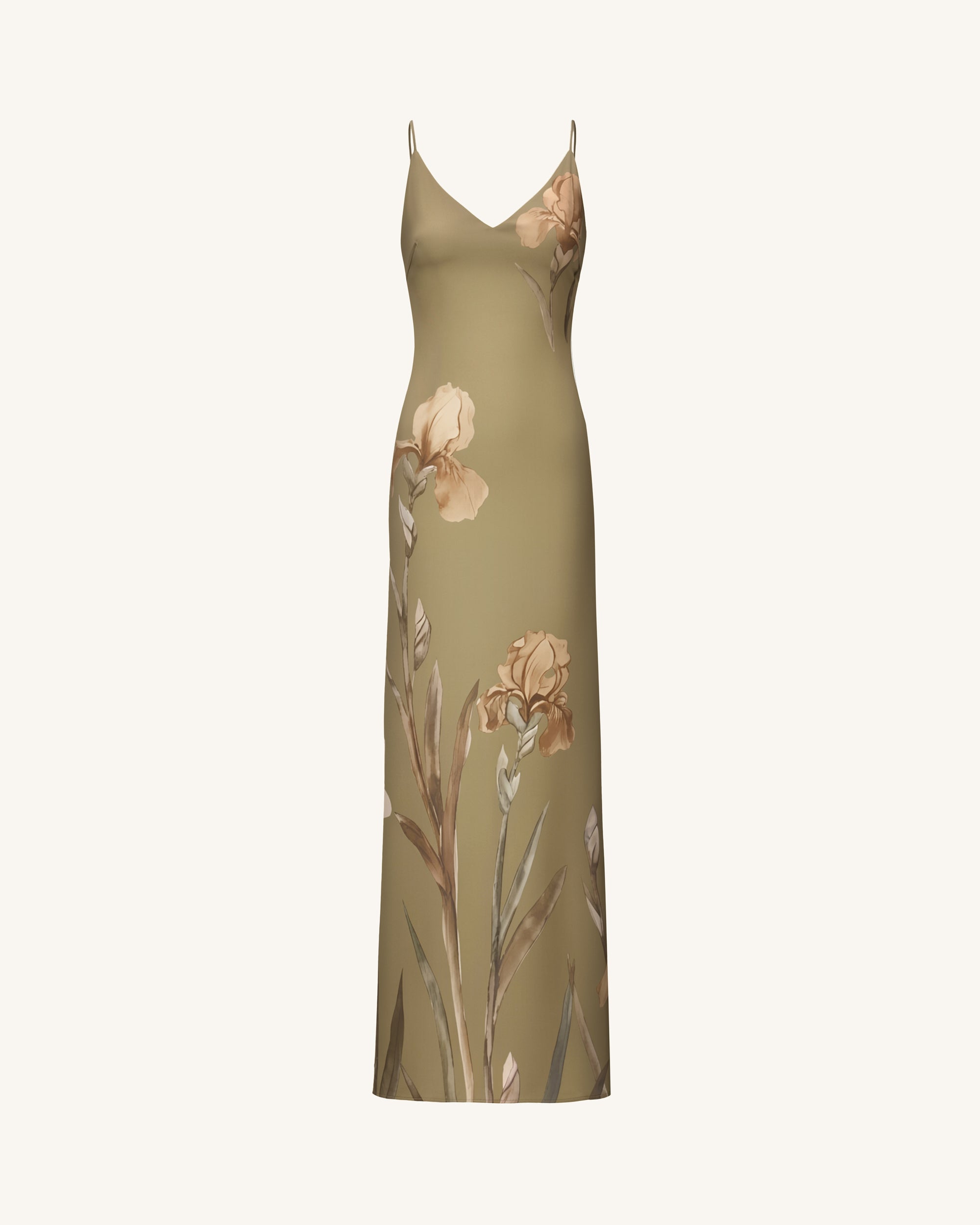 Iris Motif Satin Slip Gown - Olive Green