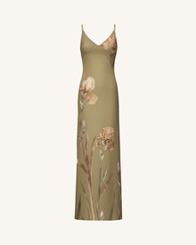 Iris Motif Satin Slip Gown - Olive Green