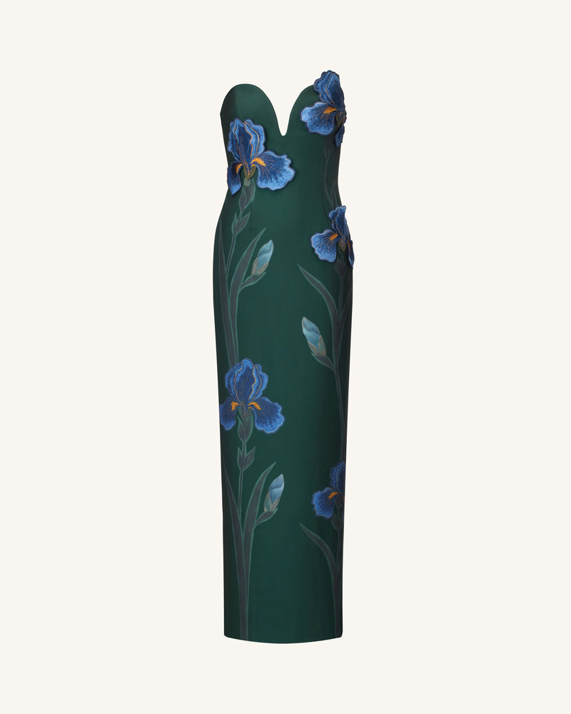 Iris Embroidered Notch Neck Strapless Maxi Dress - Emerald Green