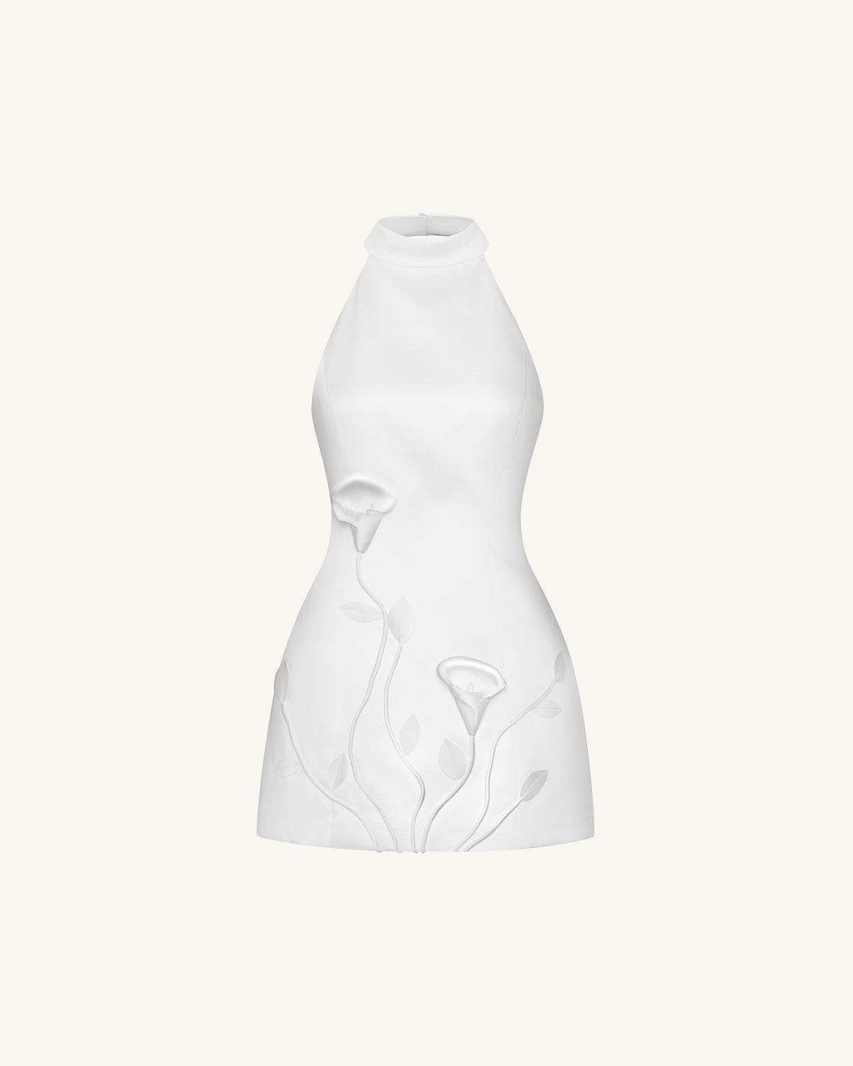 3D Floral Halter Mini Dress - White