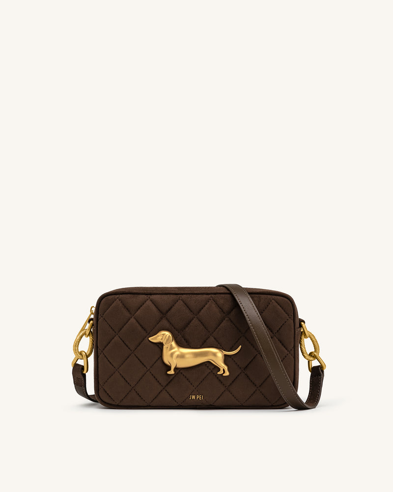 Riley Faux Suede Dachshund Quilted Shoulder Bag - Dark Brown