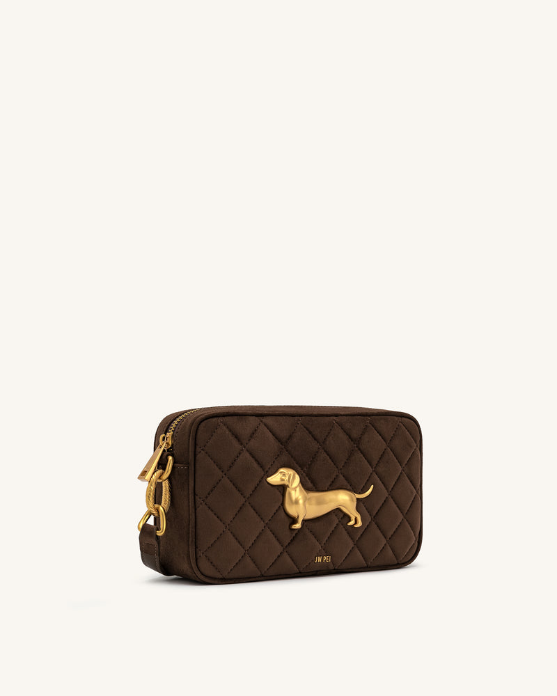Riley Faux Suede Dachshund Quilted Shoulder Bag - Dark Brown