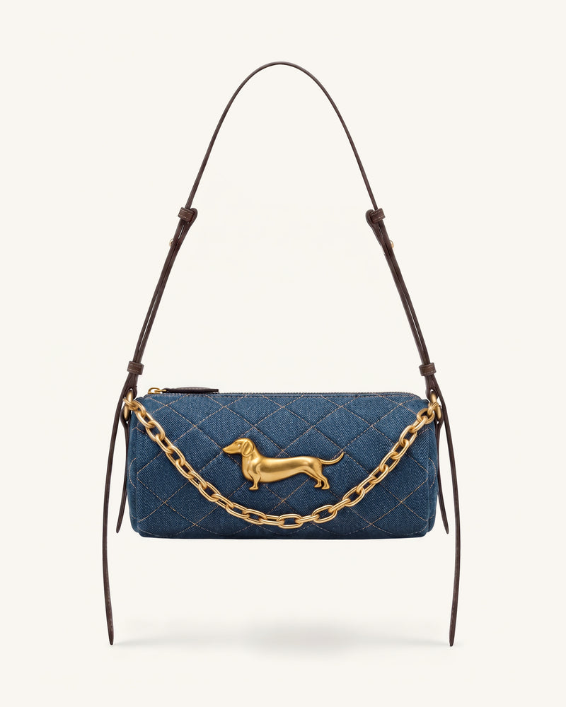 Lucienne Dachshund Quilted Chain Shoulder Bag - Blue Denim