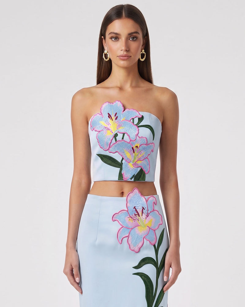 Lily Floral Embroidered Strapless Corset Top - Light Blue