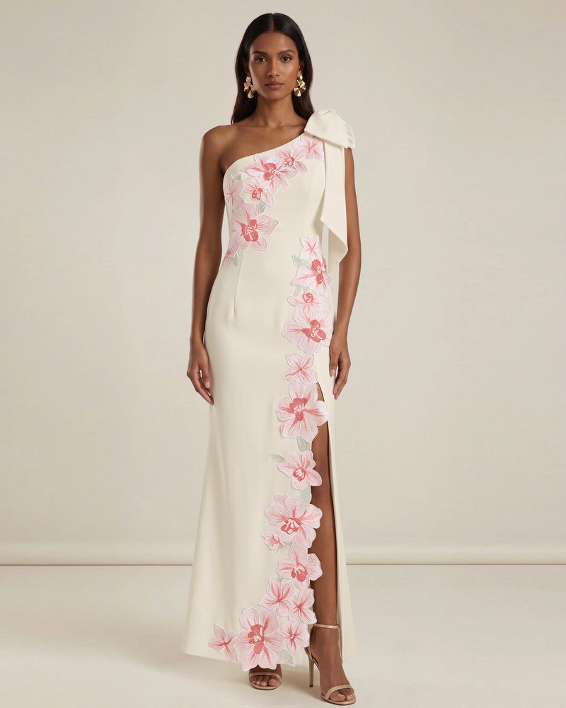 Flower Embroidered One-Shoulder Maxi Dress - Ivory