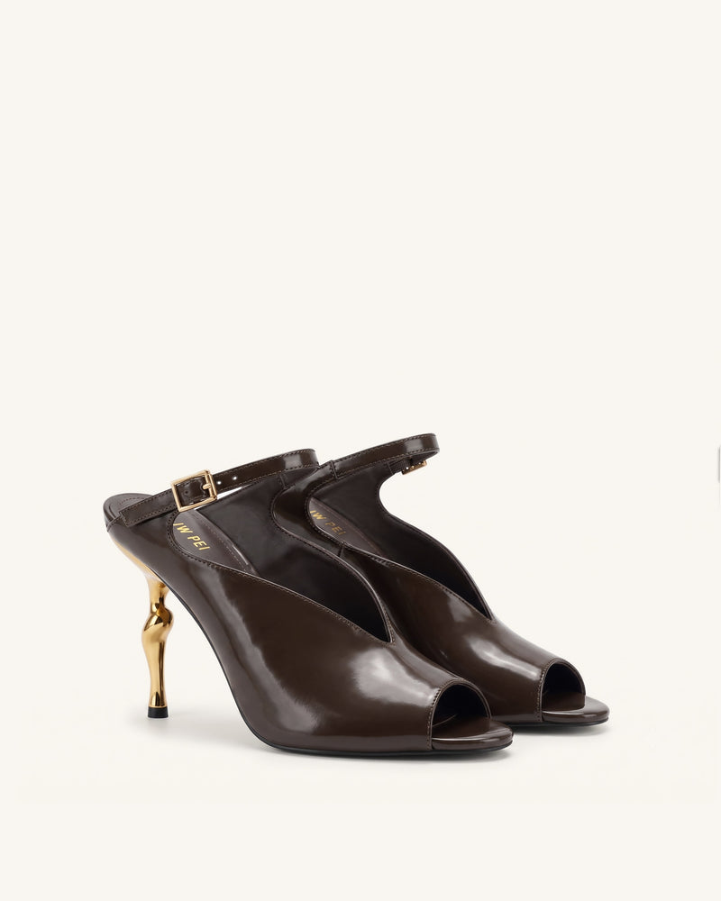 Alivia Gold Metal Peep-Toe Heels - Dark Brown