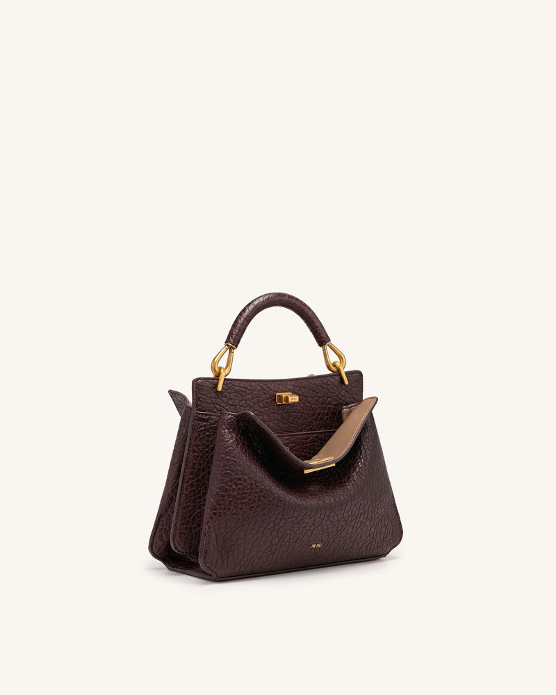 Lucia Elephant-Effect Top Handle Bag - Dark Brown
