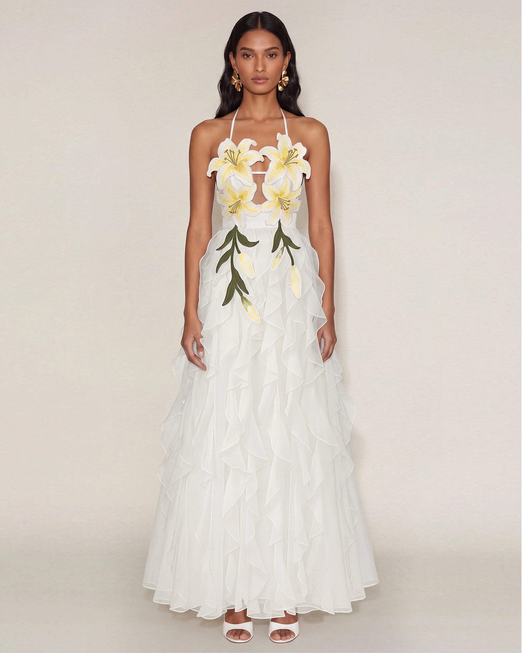 Lily-Embroidered Embroidered Halter Tiered Maxi Dress - White