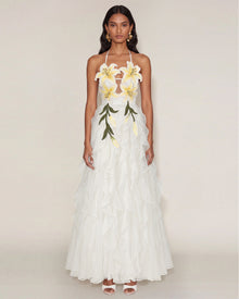 Lily-Embroidered Embroidered Halter Tiered Maxi Dress - White
