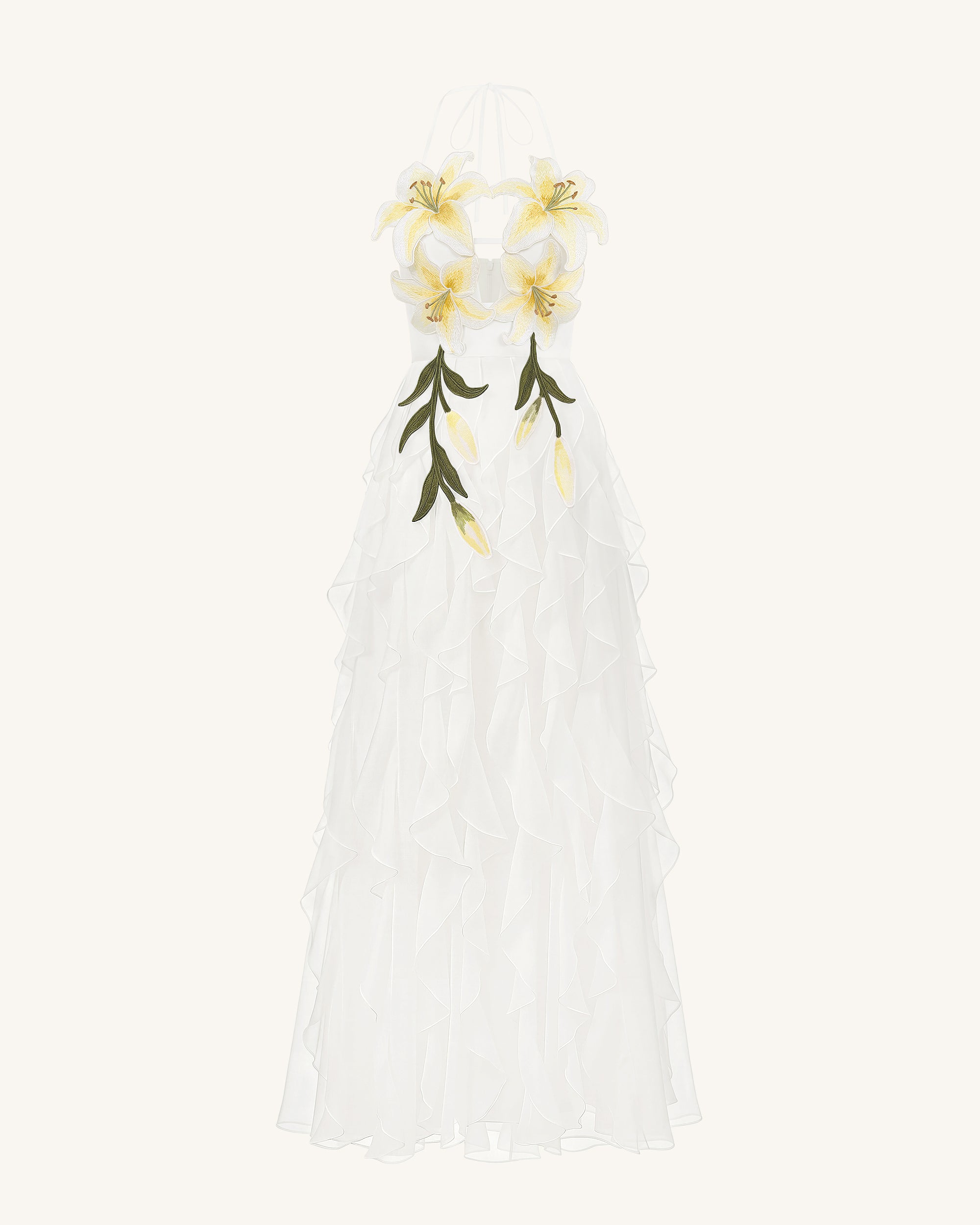 Lily-Embroidered Embroidered Halter Tiered Maxi Dress - White