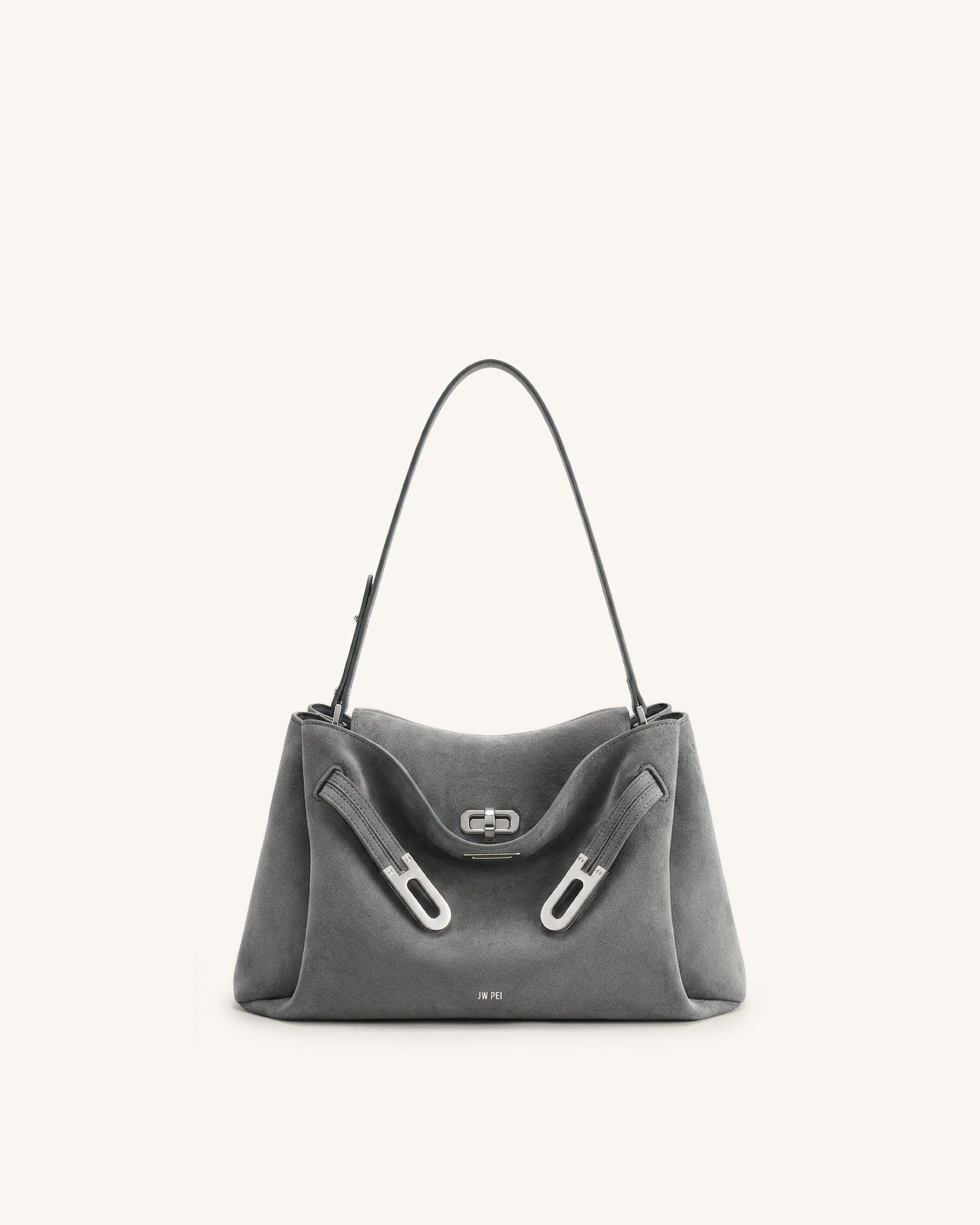 Rhea Faux Suede Double Buckle Shoulder Bag - Grey