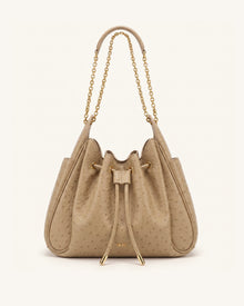 Rowan Faux Ostrich Grain Ruched Drawstring Chain Bucket Bag - Oak Brown