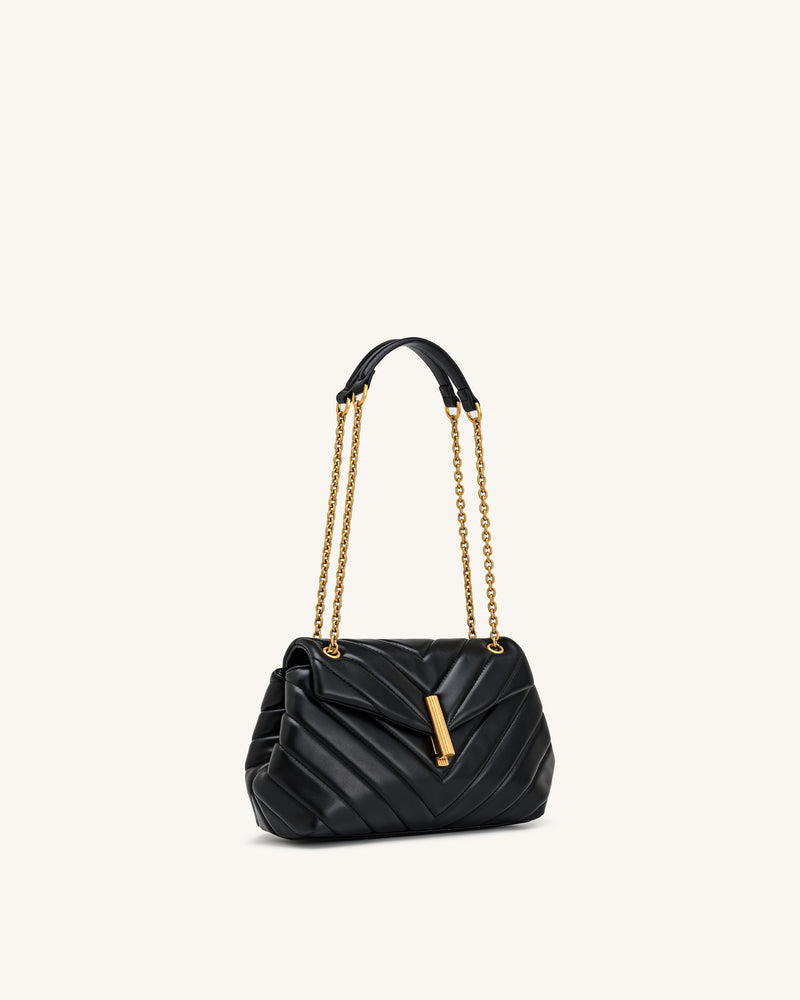 Valerie Quilted Chain Flap Shoulder Bag - Black