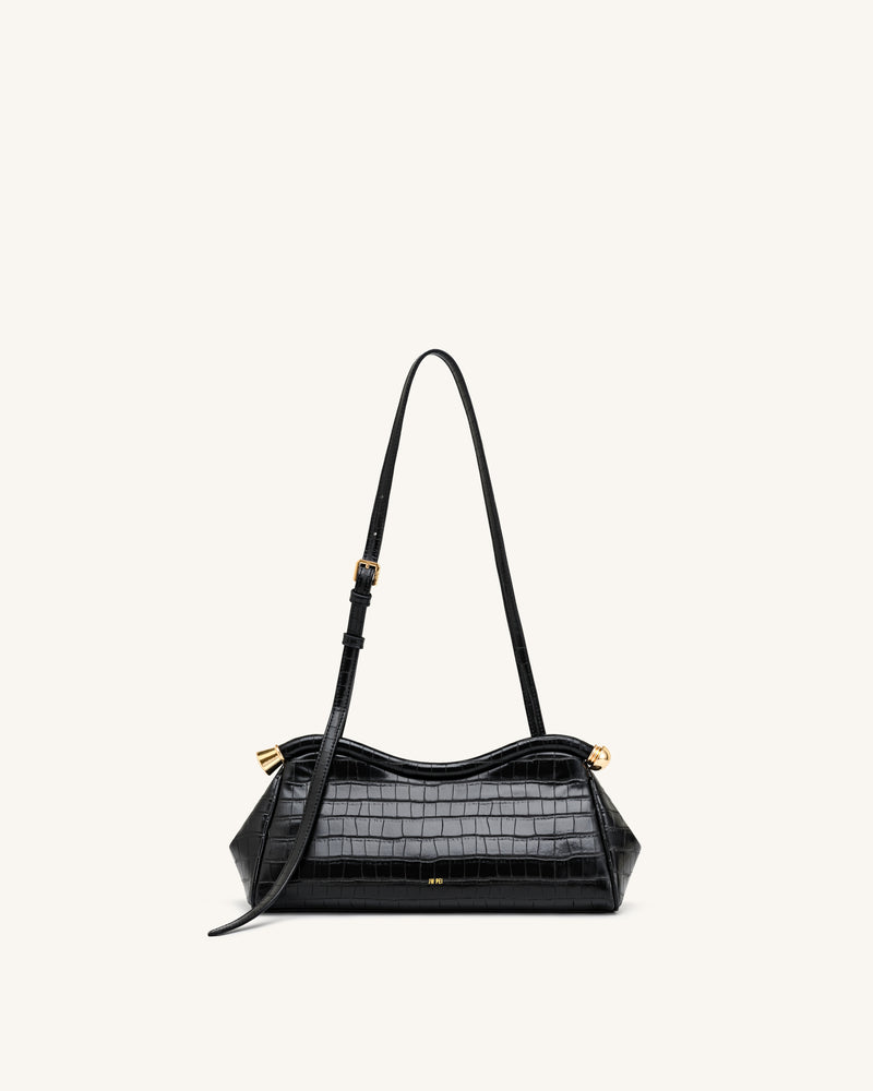 Naomi Curved Shoulder Bag - Black Croc